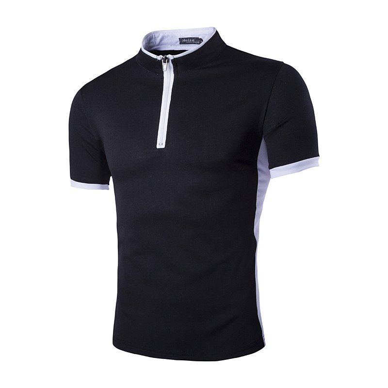 

Men's New Stand Collar Zipper Short Sleeve T-shirt, Black