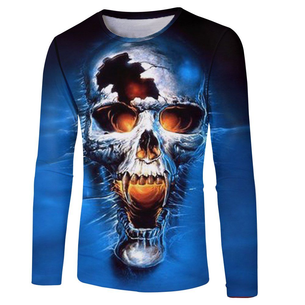 

3D Spring and Autumn Fashion Skull Print Men's Long Sleeve T-shirt, Blue eyes