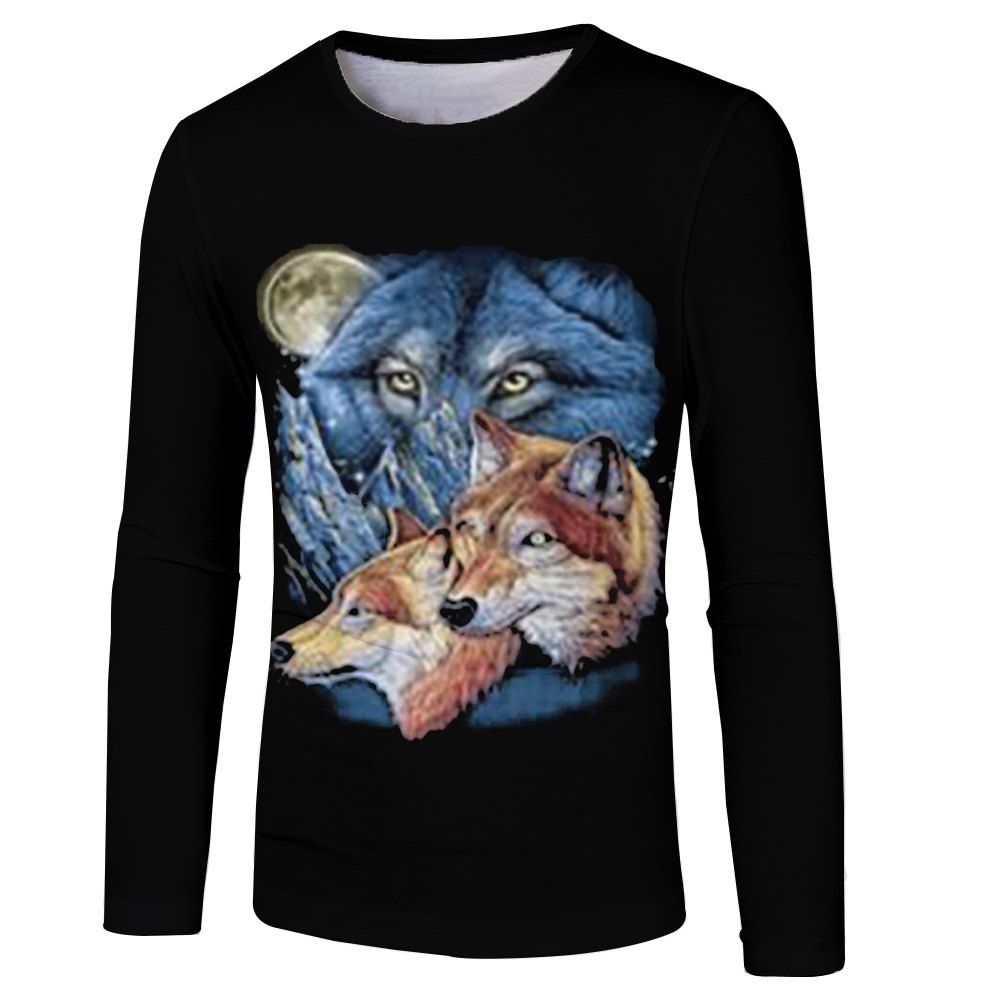 

3D Fashion Spring and Autumn Wolf Hair Print Men's Long Sleeve T-shirt, Black