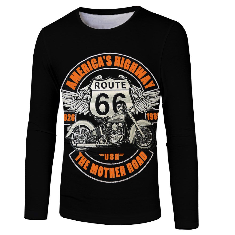 

3D Spring and Autumn Motorcycle Printing Men's Long Sleeve T-shirt, Black