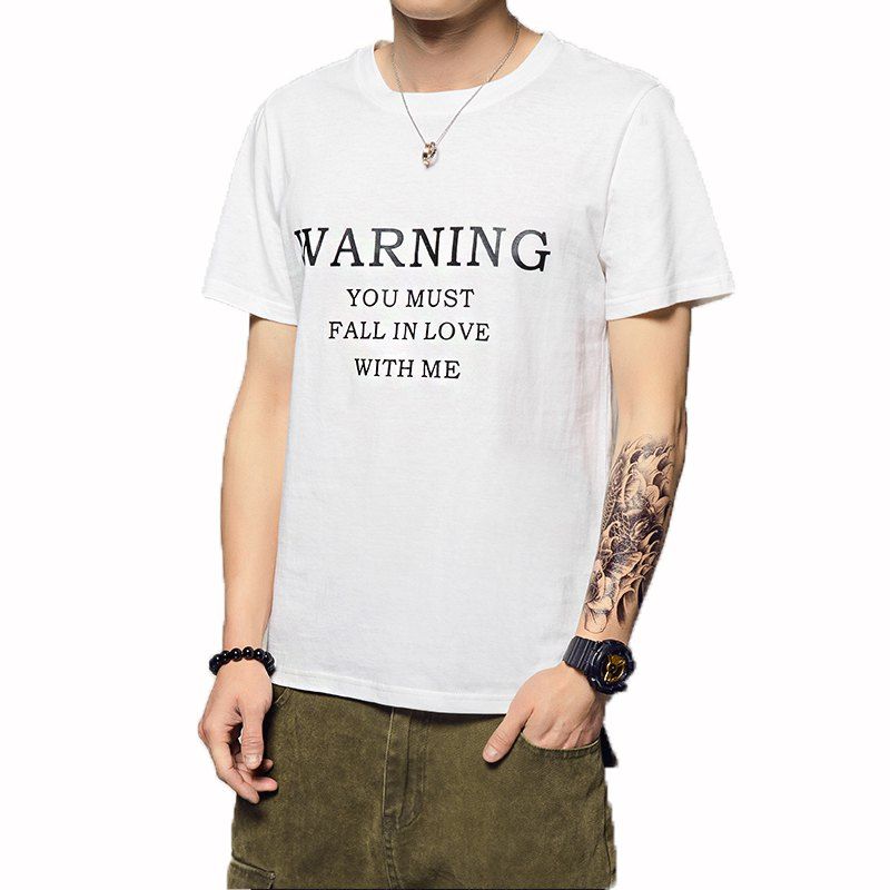 

Summer Men's Letters Stamping Round Neck Cotton T-Shirt, White