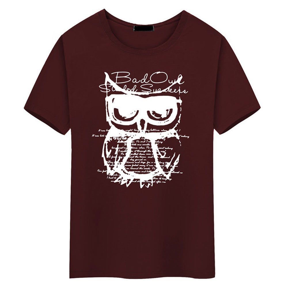 

Summer Men's Short Sleeved Simple Owl T-Shirt, Red wine