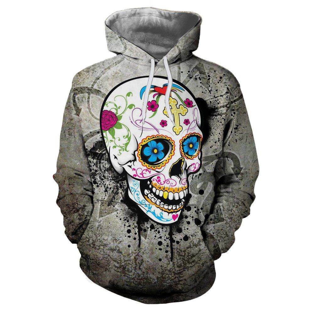 

Fashion New Flower Skull Head 3D Printing Man Hoodie, Light gray