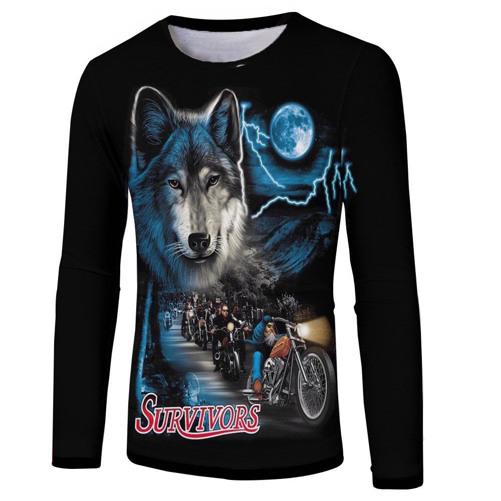 

3D Fashion Spring and Autumn Moon Wolf Printing Men's Long Sleeve T-shirt, Black