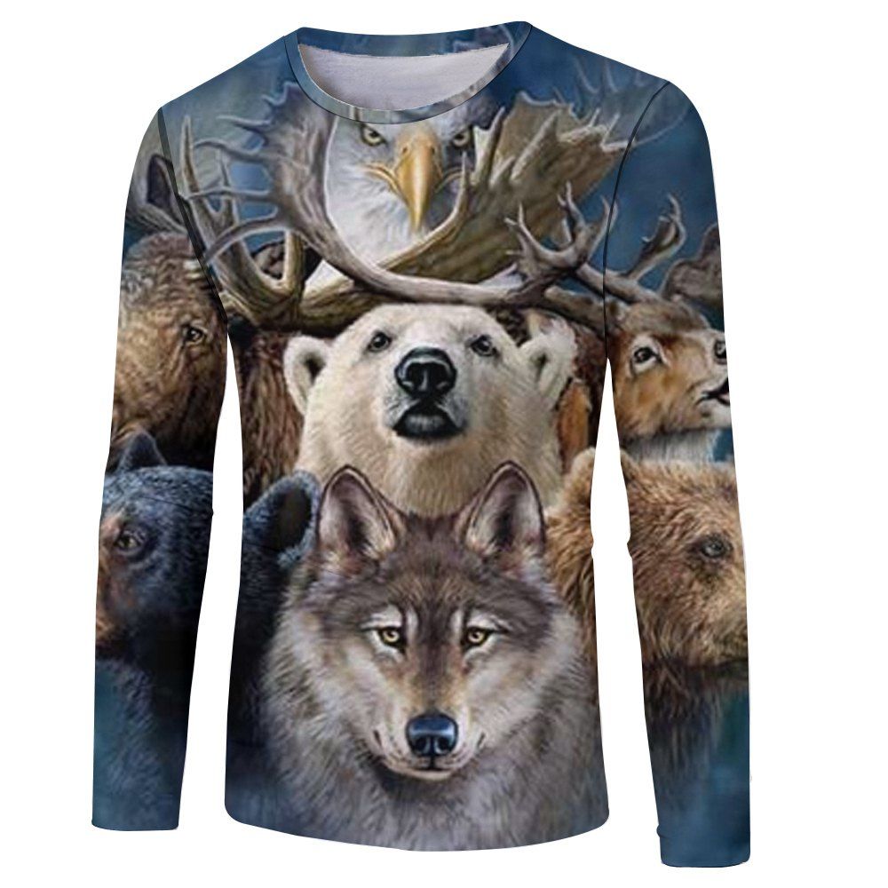 

2018 Men's Fall New 3D Print Multi Animal Pattern Long Sleeve T-shirt, Multi-b