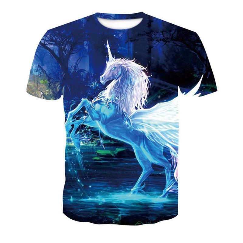 

3D Horse Print Men'S Casual Short Sleeve Graphic T-shirt, Lapis blue
