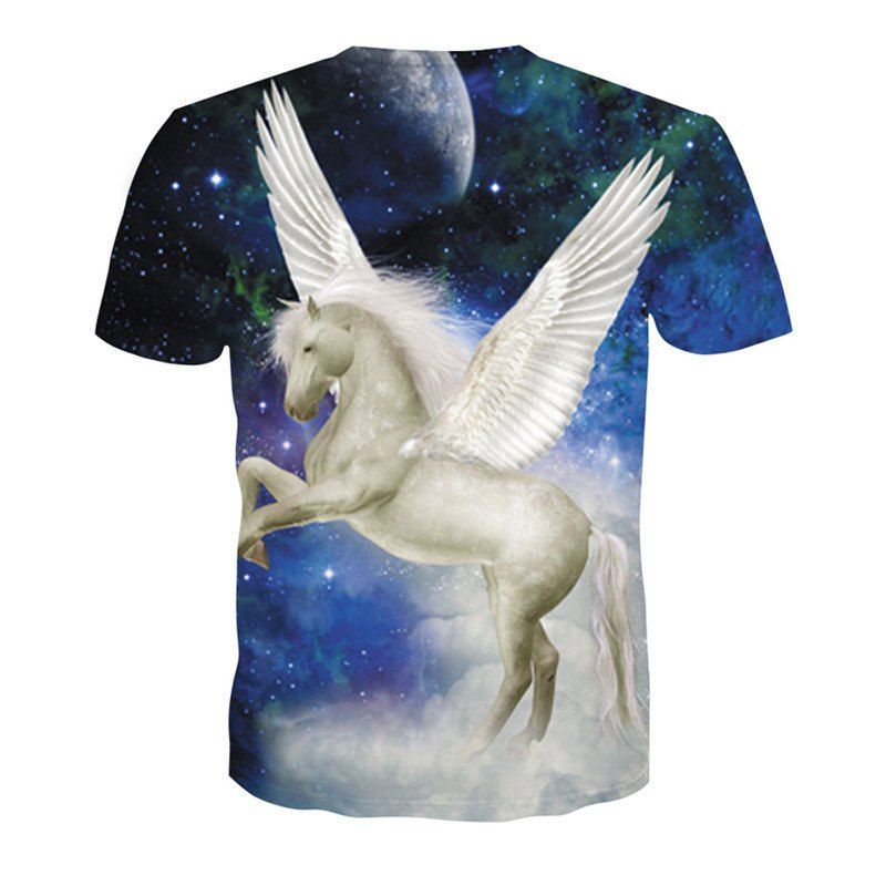 

3D Flying Horse Print Men's Casual Short Sleeve Graphic T-shirt, Steel blue