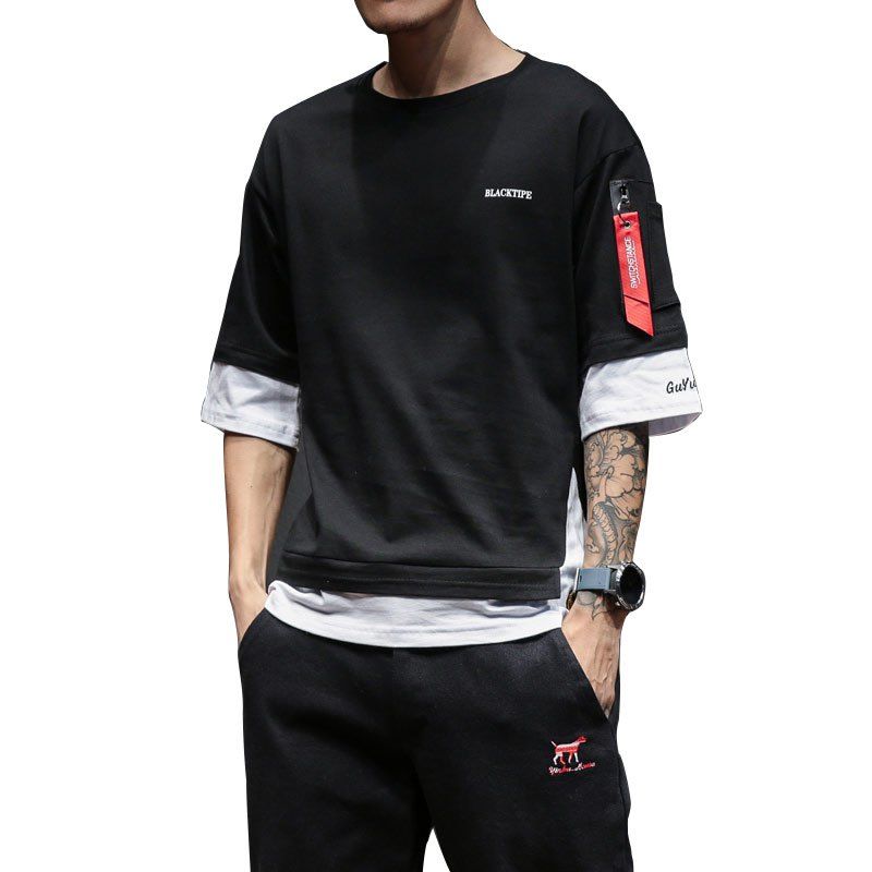 

Summer Men's Fashion Round Neck Webbing T-shirt, Black