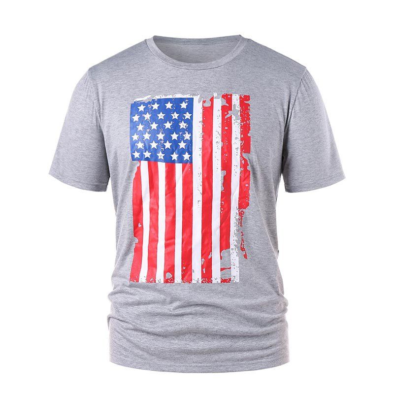 

Pure Color Flag Print Short Sleeve Men's T-shirt, Gray