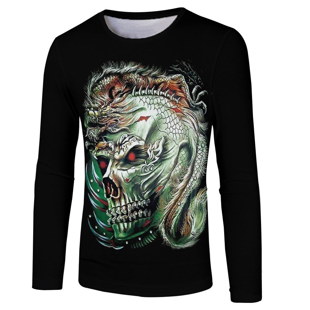 

Fashion Spring and Autumn Dragon Skull 3D Printing Men's Long Sleeve T-shirt, Black