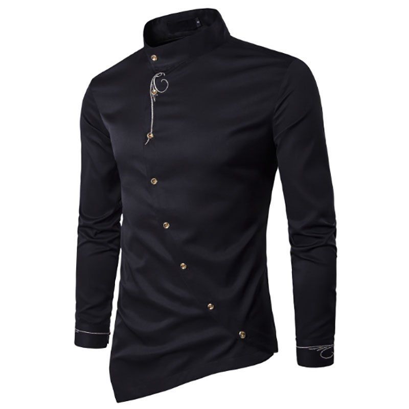 

Fashion Men's Personalized Slant Button Irregular Embroidery High-End Shirts, Black