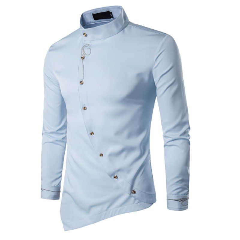 

Fashion Men's Personalized Slant Button Irregular Embroidery High-End Shirts, Light blue