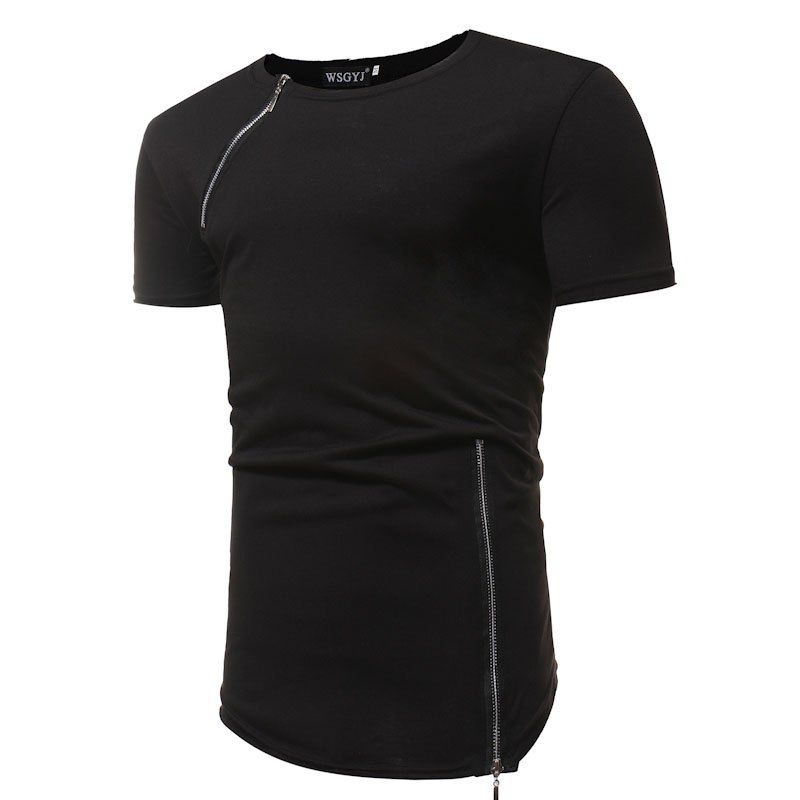 

Men's Fashion Solid Color Round Neck Zipper Stitching Slim Short-Sleeved T-Shirt, Black