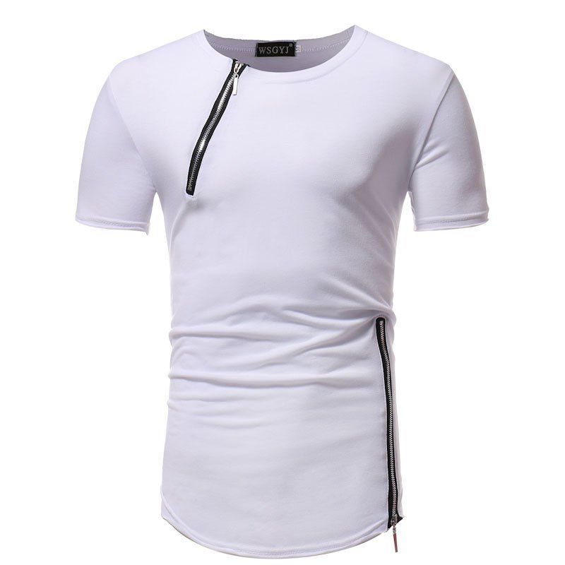 

Men's Fashion Solid Color Round Neck Zipper Stitching Slim Short-Sleeved T-Shirt, White