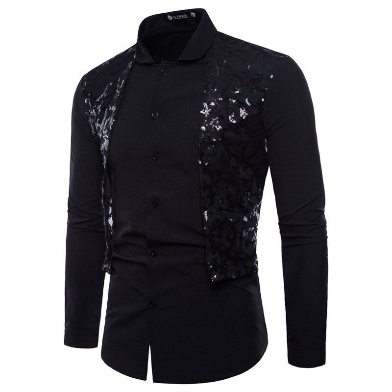 

Men Casual Fashion Sequins Design Long Sleeve Shirts, Black