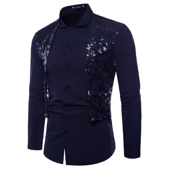 Hommes Casual Fashion Paillettes Design à manches longues Chemises - Cadetblue 2XL