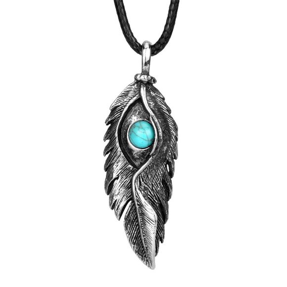 Accessoires de mode Antique Silver Eagle Eye Feather avec collier Turquoise - Argent 