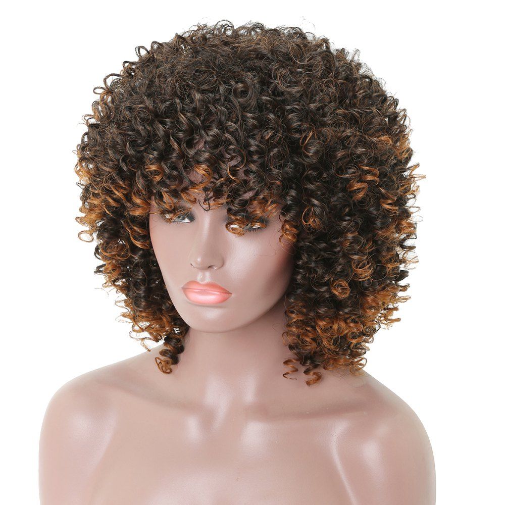 

Afro Long Curly Black Fashion Synthetic Heat Resistant Full Wigs with Bang, Brown