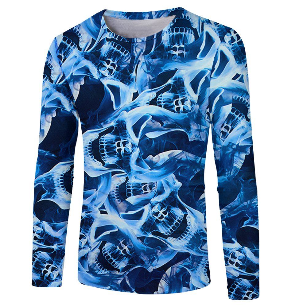 

2018 Fall Men's New Fashion Youth 3D Print Long Sleeve T-shirt, Deep blue