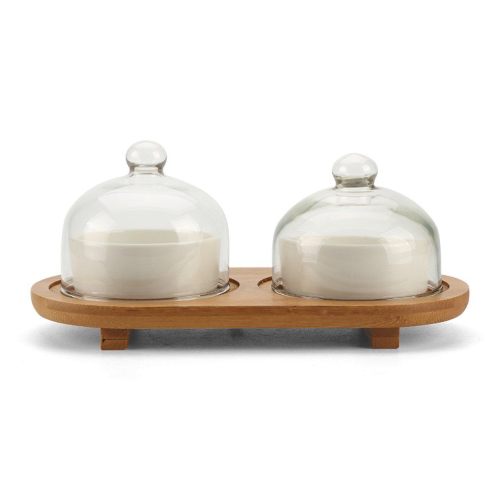 

2PC Simple Solid Ceramic Bowl With Wooden Holder, White