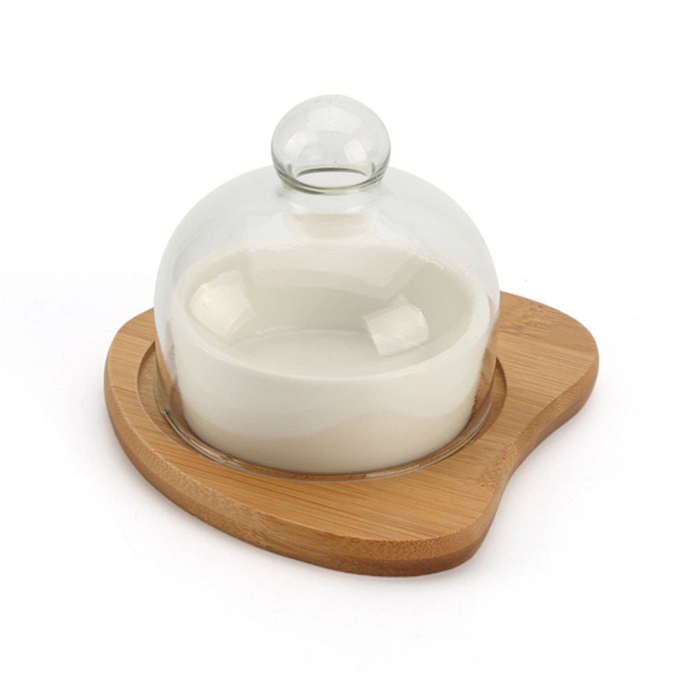 

Simple Solid Ceramic Bowl with Wooden Holder, White