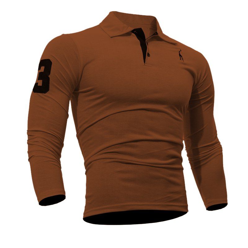 

Men Casual Embroiderye Long Sleeve Polo Shirt, Coffee