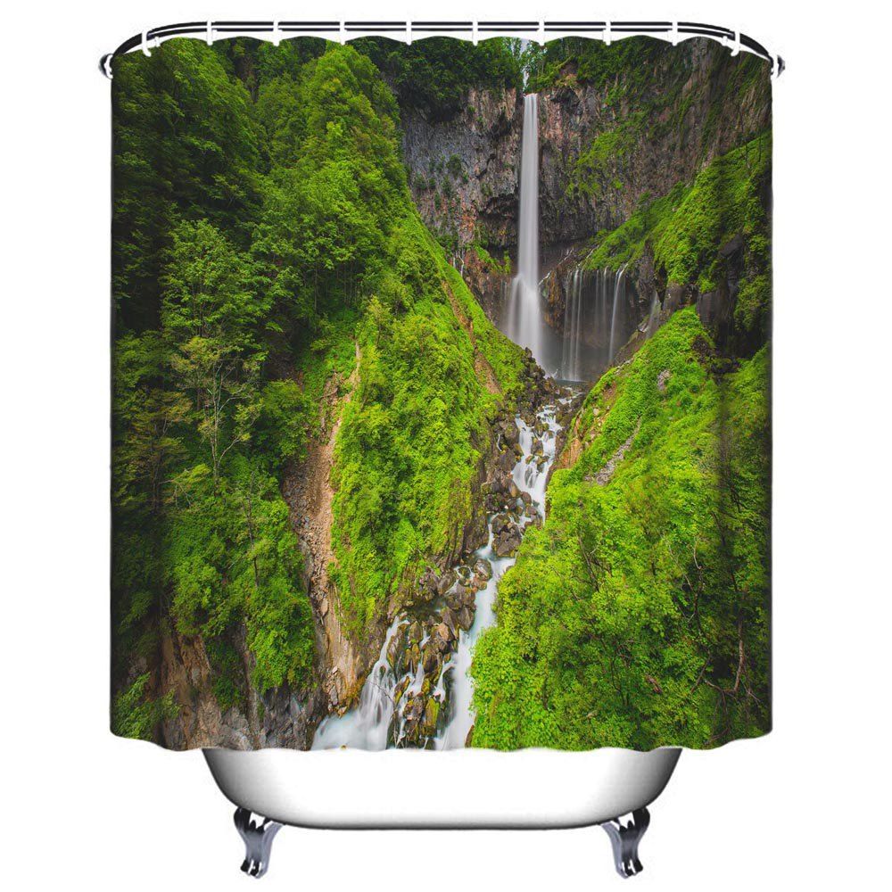 

Alpine Waterfall Bathroom Polyester Printed Waterproof Shower Curtain, Jungle green
