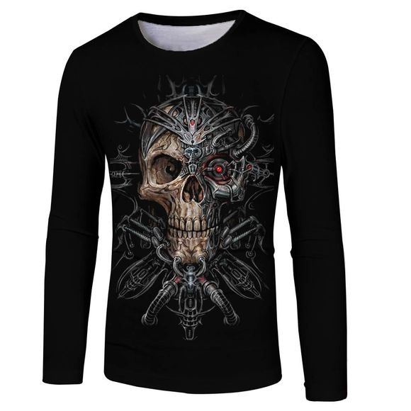 Mode Printemps Automne Nouveau T-shirt à manches longues 3D noir Skull Print hommes - Noir 5XL
