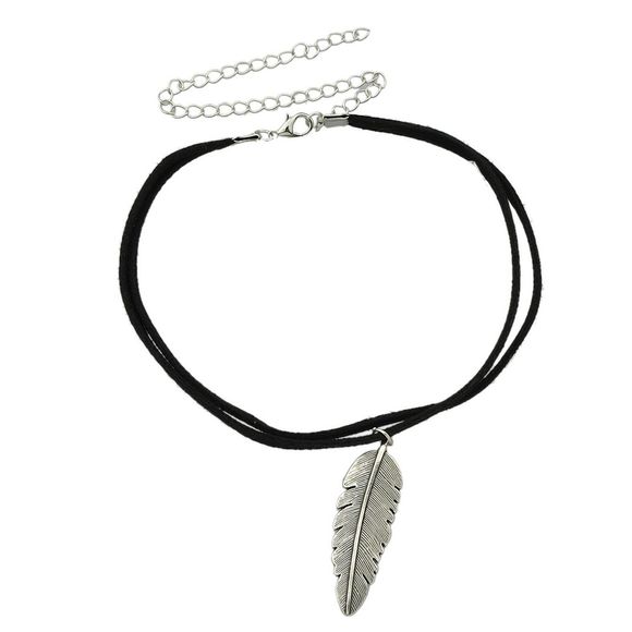 Chaîne de corde multicouche avec collier de ras de cou de plume - Noir 