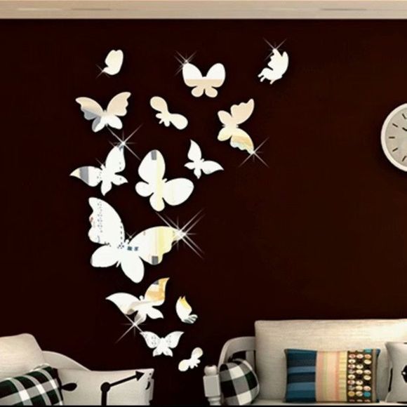Miroir de mode Acrylique 3D Dutterfly Stéréoscopique Wall Paste - Argent 