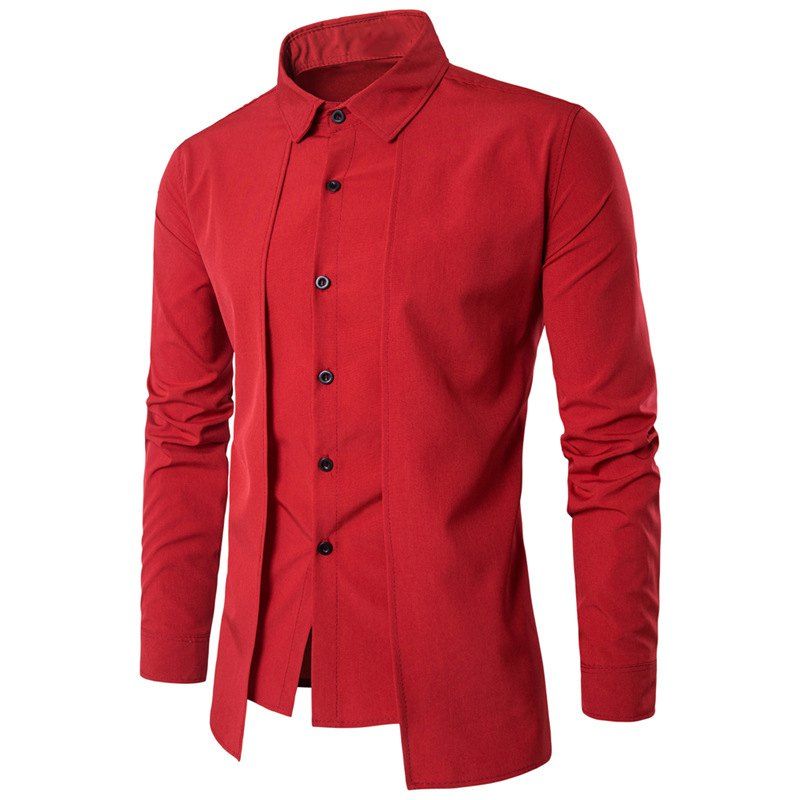 

Men's Fake Two Pieces Long Sleeve Slim Fit Button Down Shirt, Red