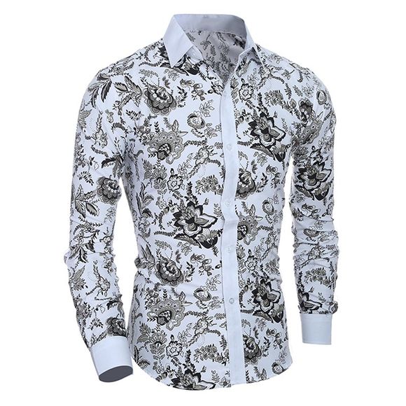 Chemise boutonnée décontractée Floral à manches longues pour hommes - Blanc XL
