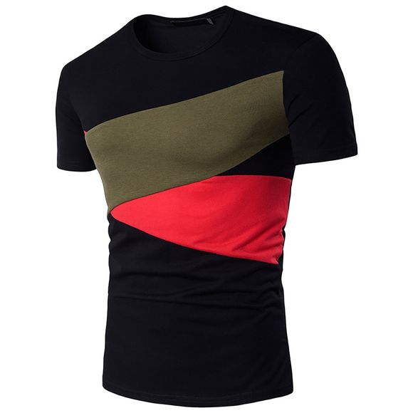 Men Hit Color Short Sleeve Casual   T-Shirt - BLACK XL