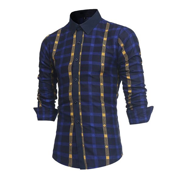 2018 Chemise à manches longues à carreaux Colorblock pour hommes - Cadetblue XL