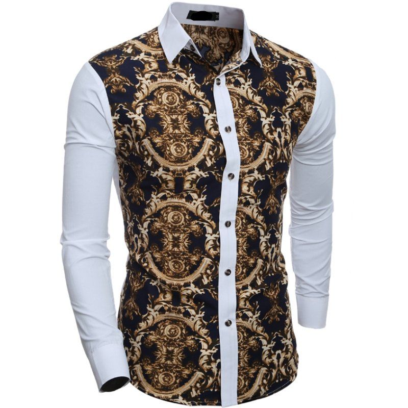

Men's Casual Slim Long-Sleeved Printed Shirt, White