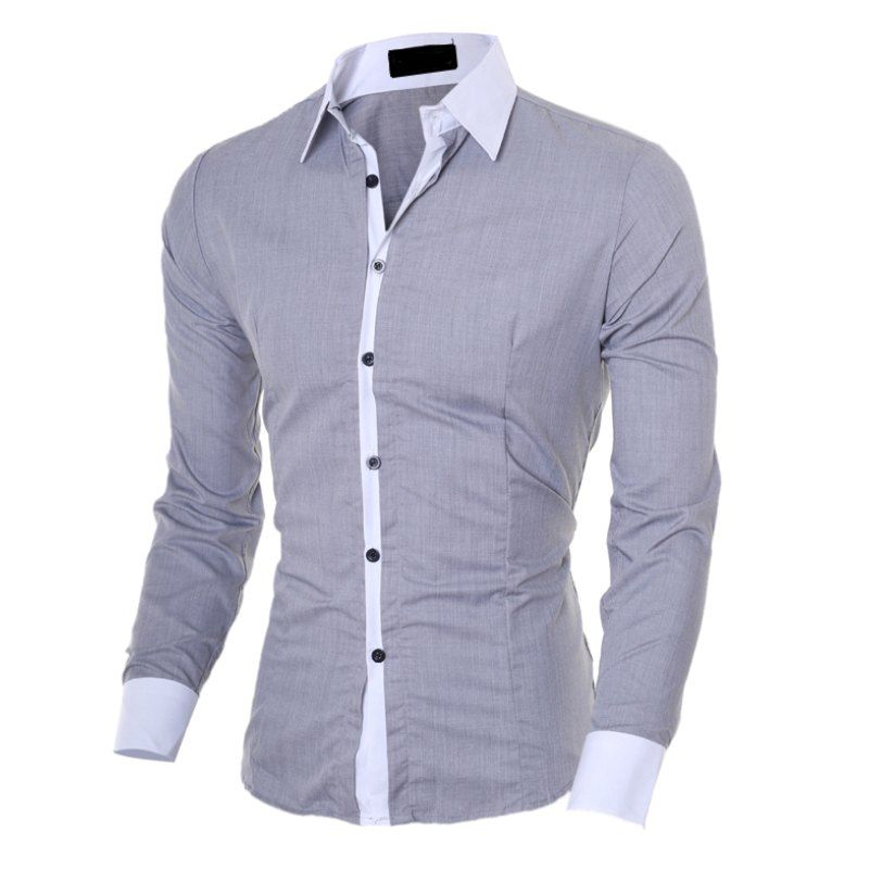 Men's Slim Casual Collar Color Long Sleeve Shirt, Gray
