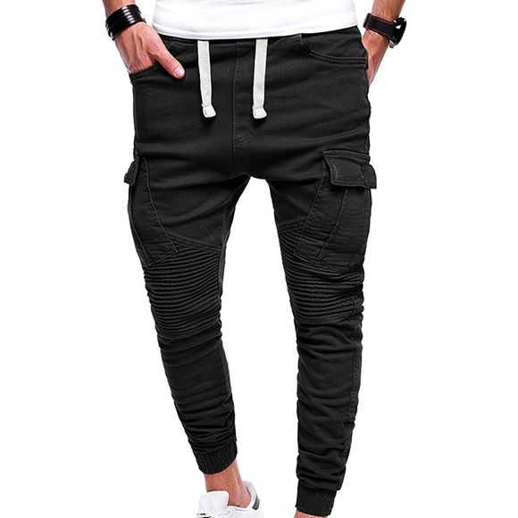La mode des hommes de couleur unie ceinture plissée sangle Harem Casual Pieds Pantalons - Noir M