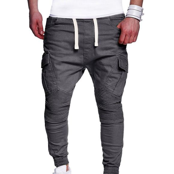 La mode des hommes de couleur unie ceinture plissée sangle Harem Casual Pieds Pantalons - Gris M