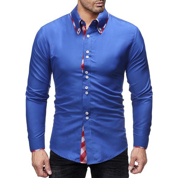 Chemise Simple à Carreaux en Couleur Contrastée en Mousseline de Soie pour Hommes - Bleu Royal 2XL