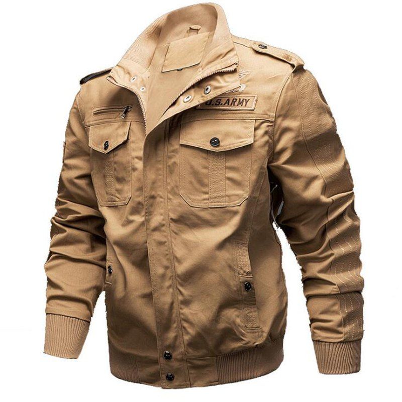 

Plus Size Men's Epaulette Design Stand Collar Casual Army Military Jacket, Light khaki
