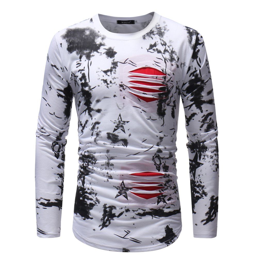 

Men's Fashion Printed Slim Long-sleeved T-shirt, White