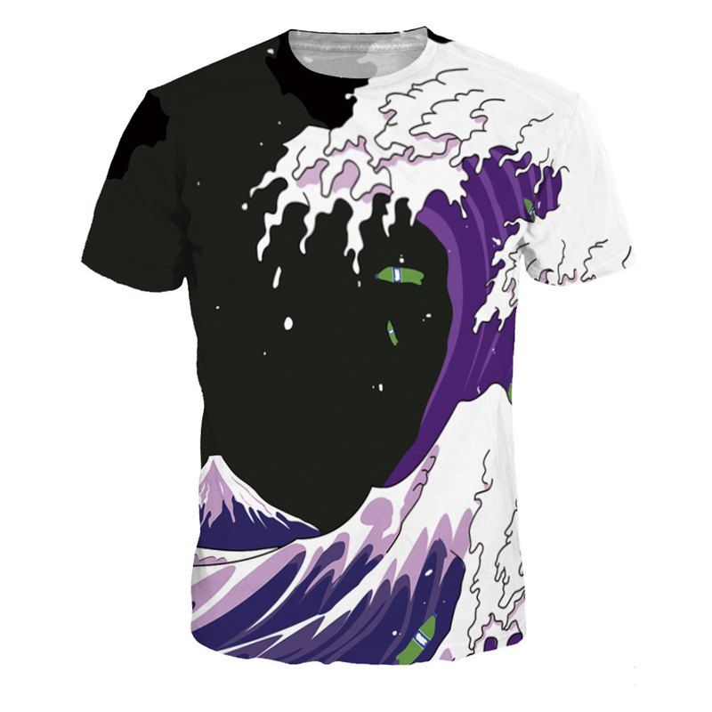 

Creative Sea Wave Digital Print Short Sleeve T-shirt, Multi-b