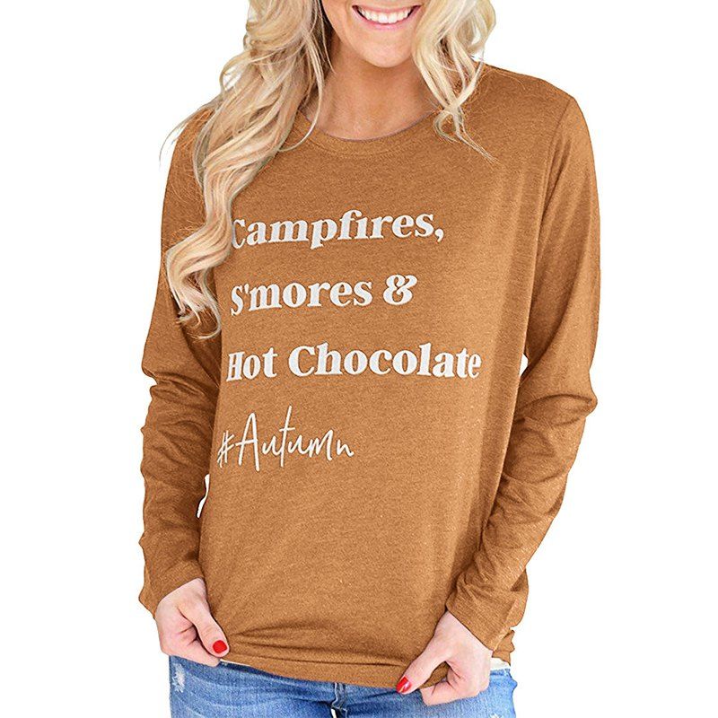 

Round Collar Long Sleeve Letter T Shirt, Camel brown