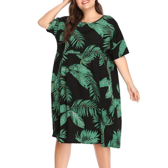 Robe à manches courtes imprimée grande taille pour femme - Vert Forêt Noire 2XL