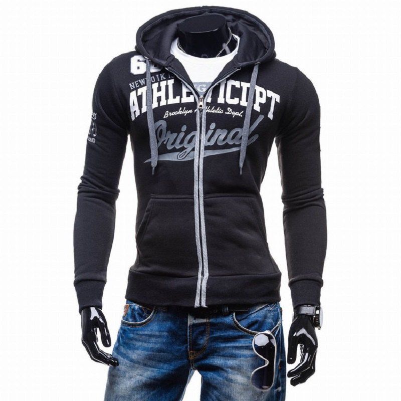 

Men's Letter Print Hooded Zipper Sweater Casual Slim Male, Black