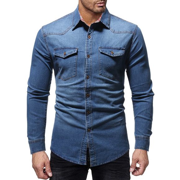 Chemise Casual à manches longues en denim pour hommes Slim - Bleu Toile de Jean 3XL