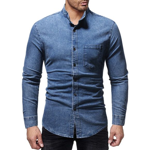 Chemise en jean décontractée à manches courtes et col montant - Bleu Toile de Jean 3XL