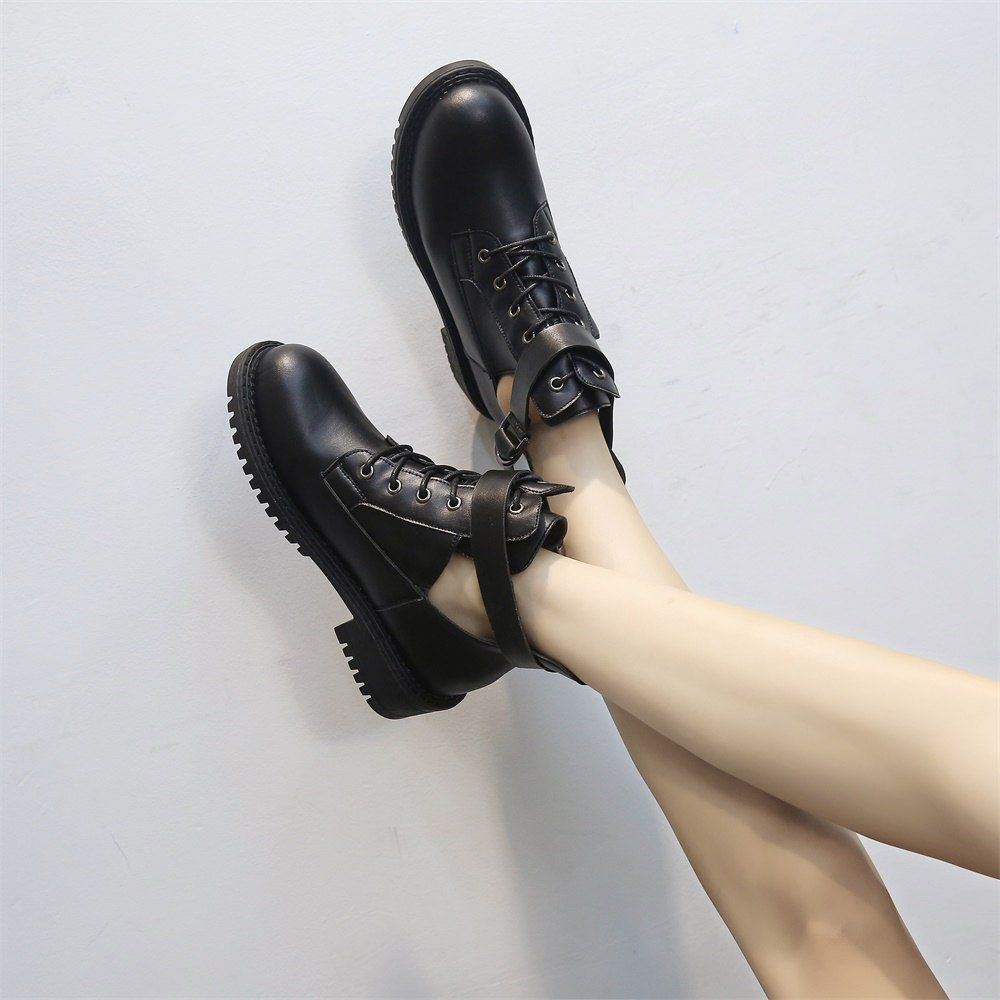 

Fashion Coarse Leather Belt Buckle Round Head Short Boots, Black
