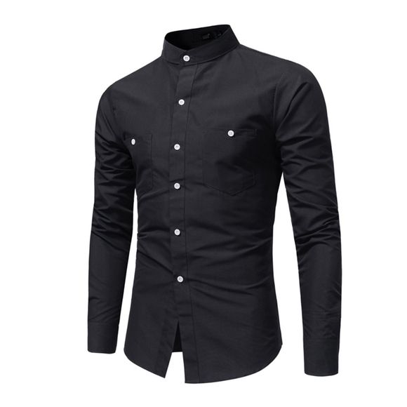 Chemise à manches longues col montant britannique de haute qualité pour hommes Fashion Fashion Solid Co - Noir XL