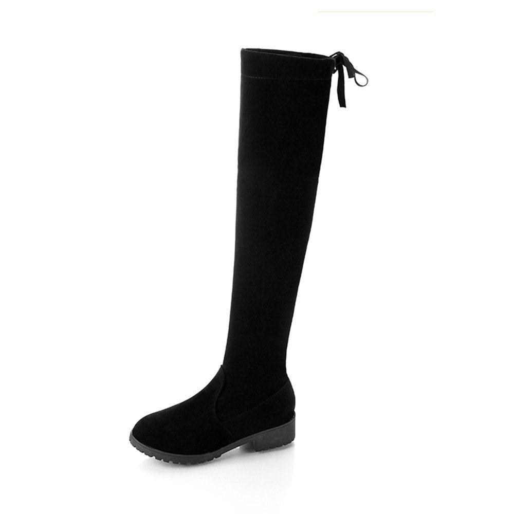 

Lap Tie Flat Stretch Elastic Cloth Knee Length Boots, Black